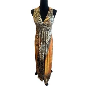 Women’s Sleeveless V Neck Golden Animal Print Maxi Dress Size Large
